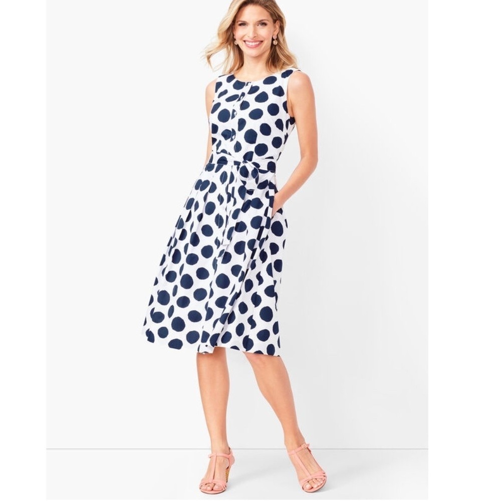 Talbots Cotton Dress Navy Polka Dot‎ Sleeveless Retro Preppy Old Money 10